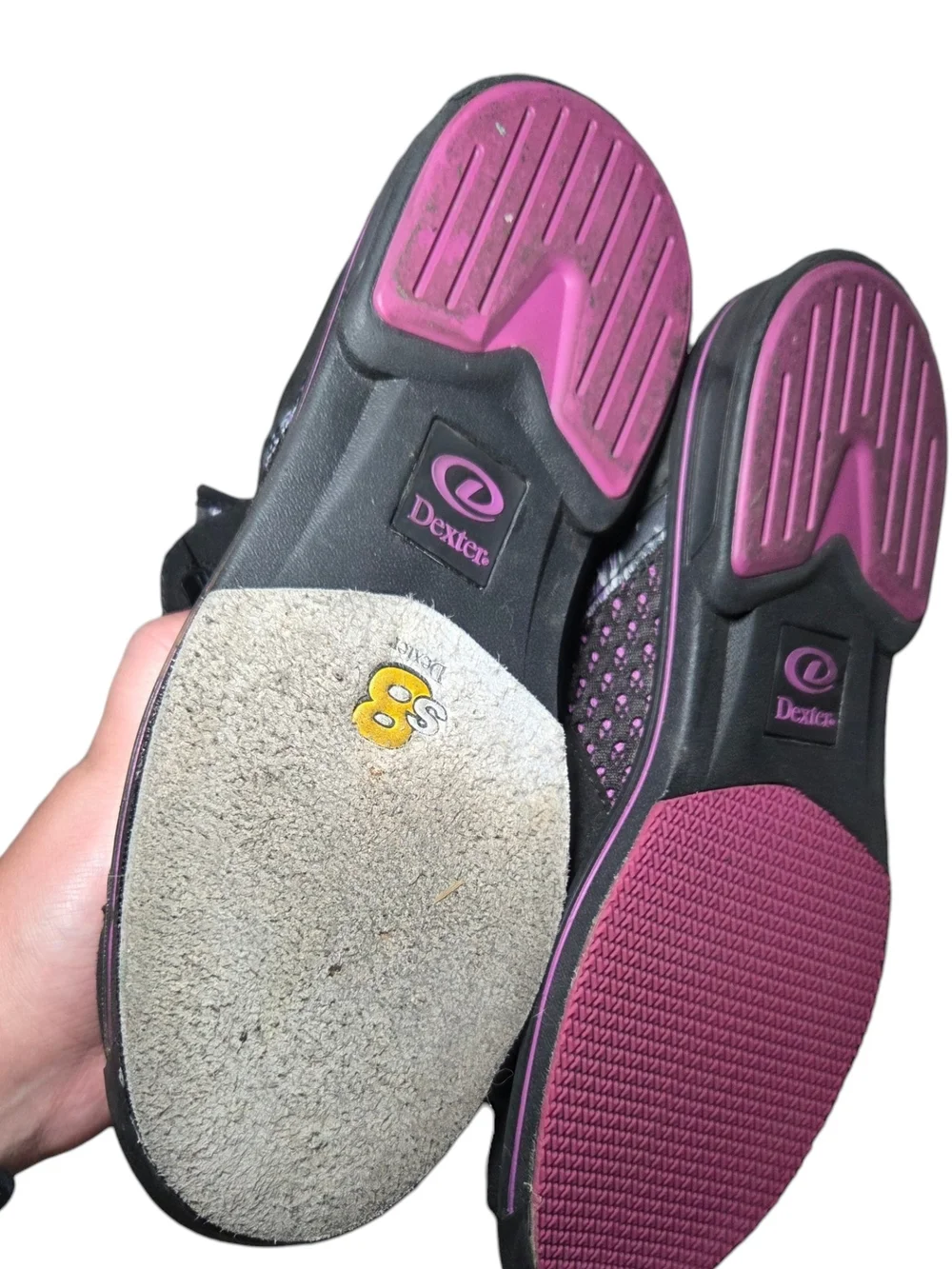 Dexter Women's Pro BOA bowling shoes in black and purple, a BOA Fit Size 8.5